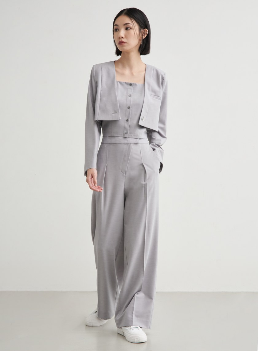 斜門襟打摺直筒寬褲