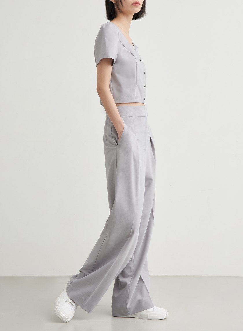 斜門襟打摺直筒寬褲