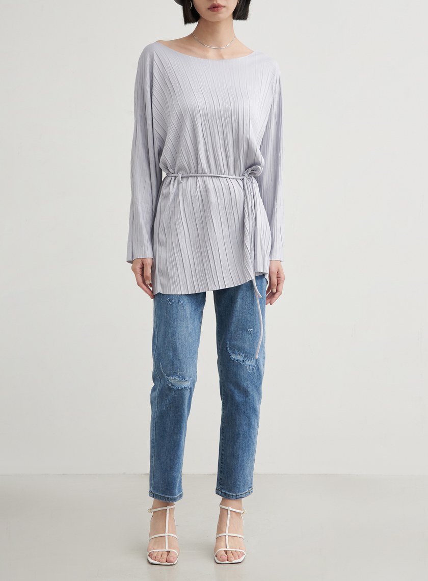 長版壓褶休閒綁帶上衣