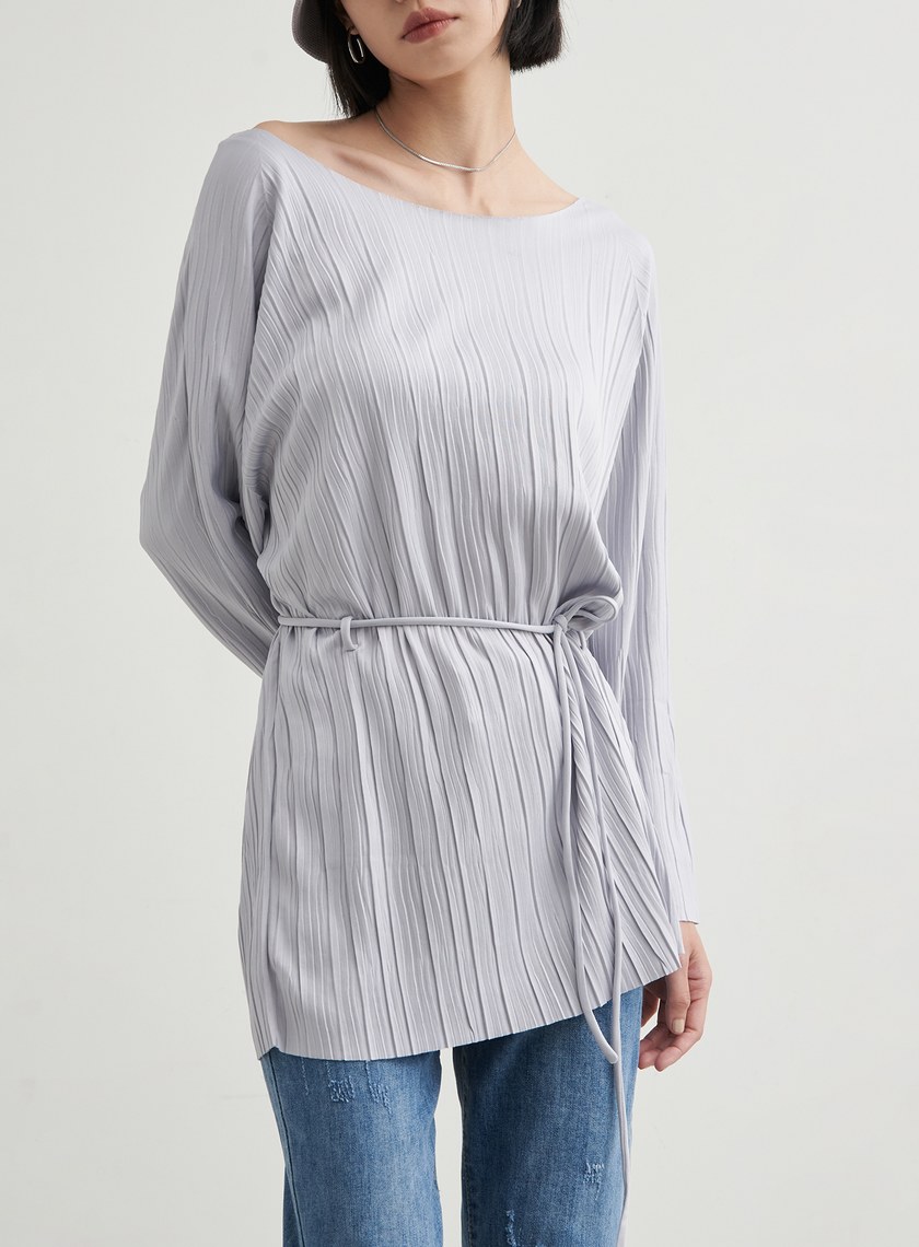 長版壓褶休閒綁帶上衣