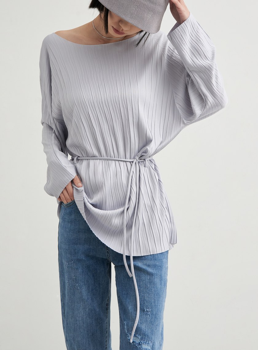 長版壓褶休閒綁帶上衣