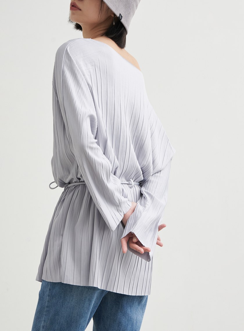 長版壓褶休閒綁帶上衣