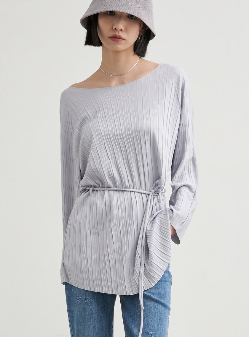 長版壓褶休閒綁帶上衣