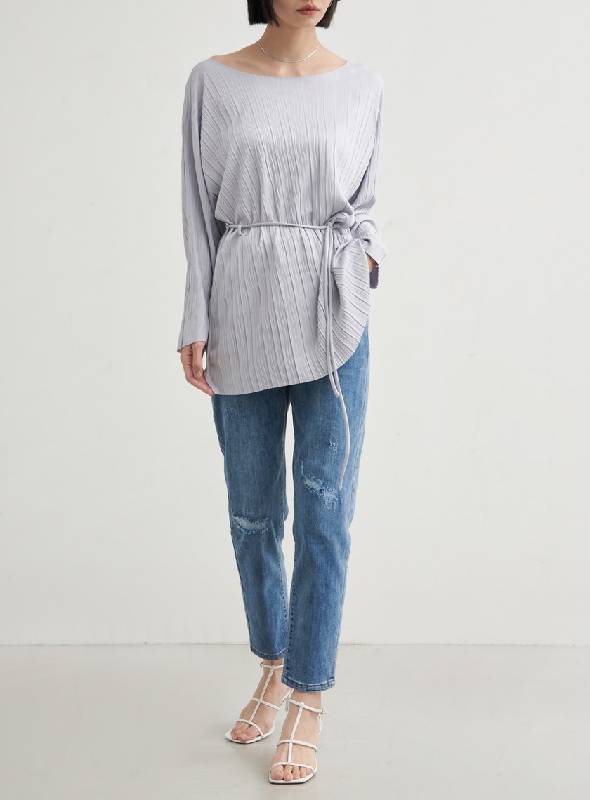 長版壓褶休閒綁帶上衣