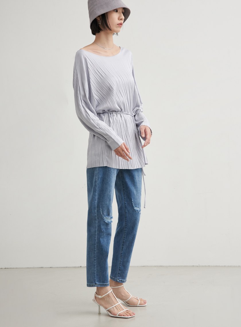 長版壓褶休閒綁帶上衣