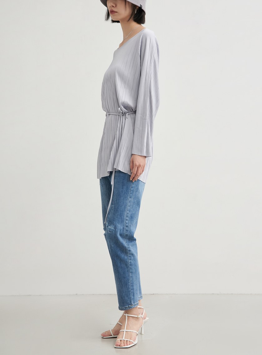 長版壓褶休閒綁帶上衣