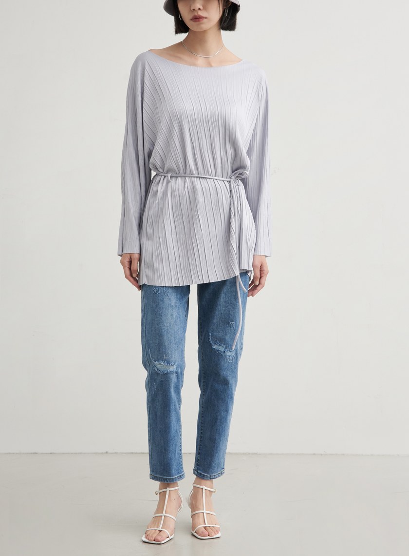 長版壓褶休閒綁帶上衣