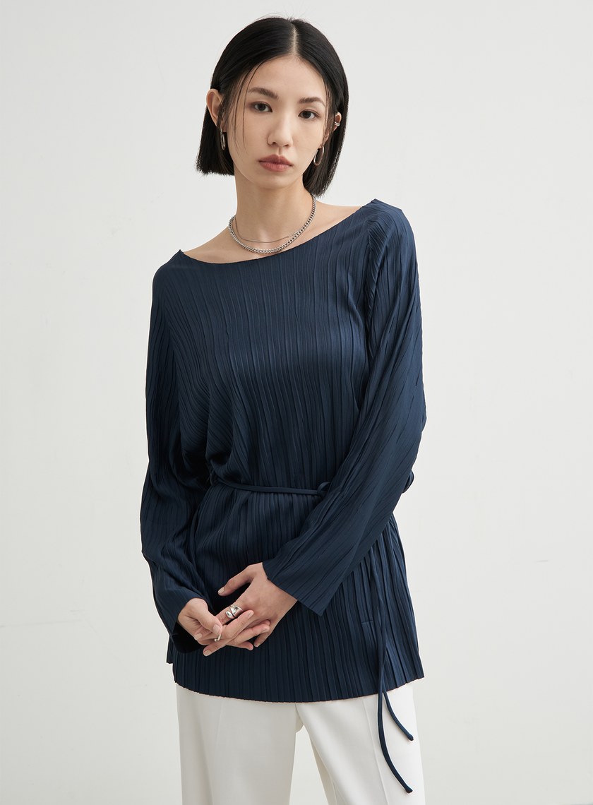 長版壓褶休閒綁帶上衣