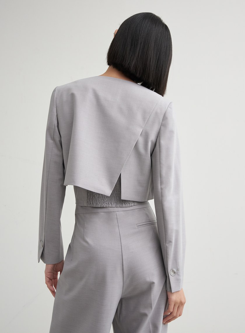 短版無領單釦西裝外套