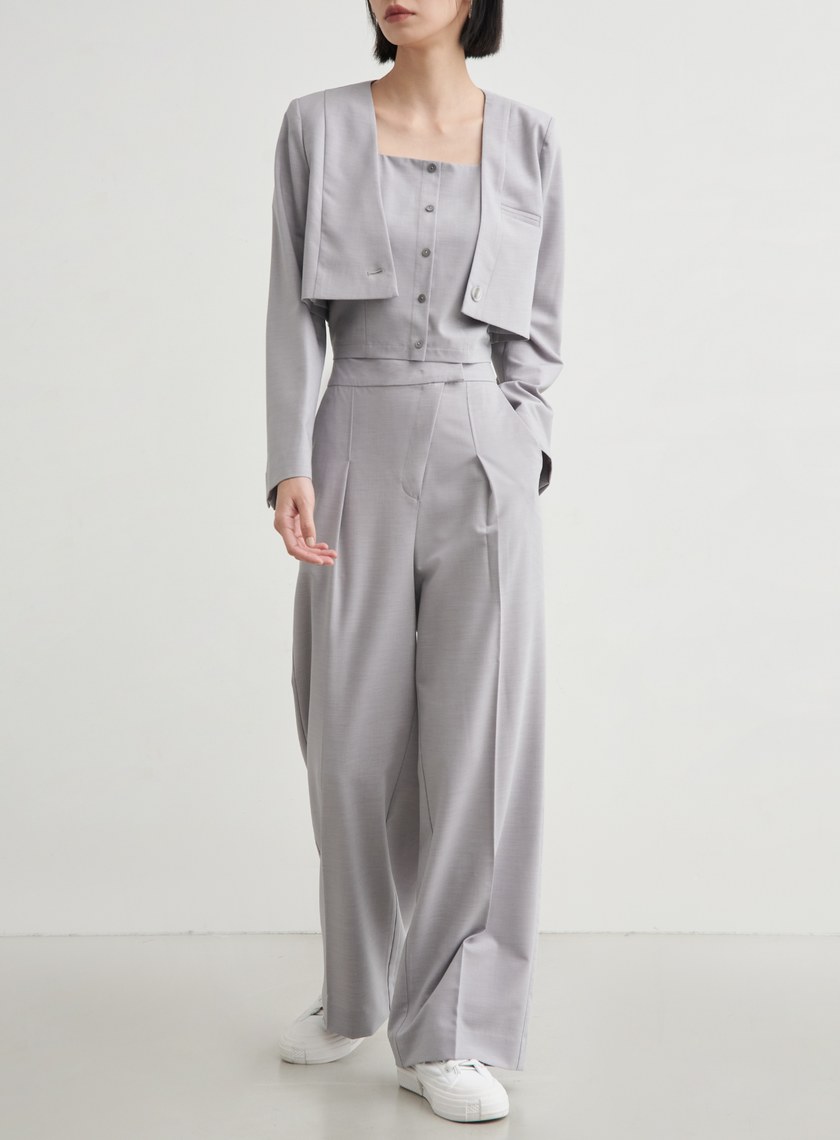 短版無領單釦西裝外套