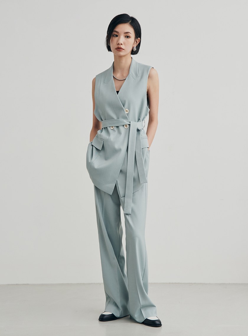 織紋後開衩無領西裝背心