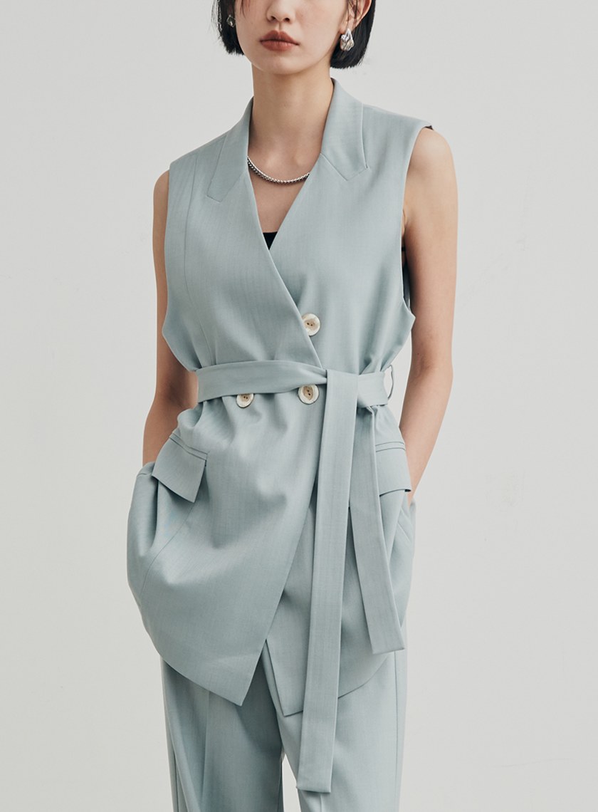 織紋後開衩無領西裝背心