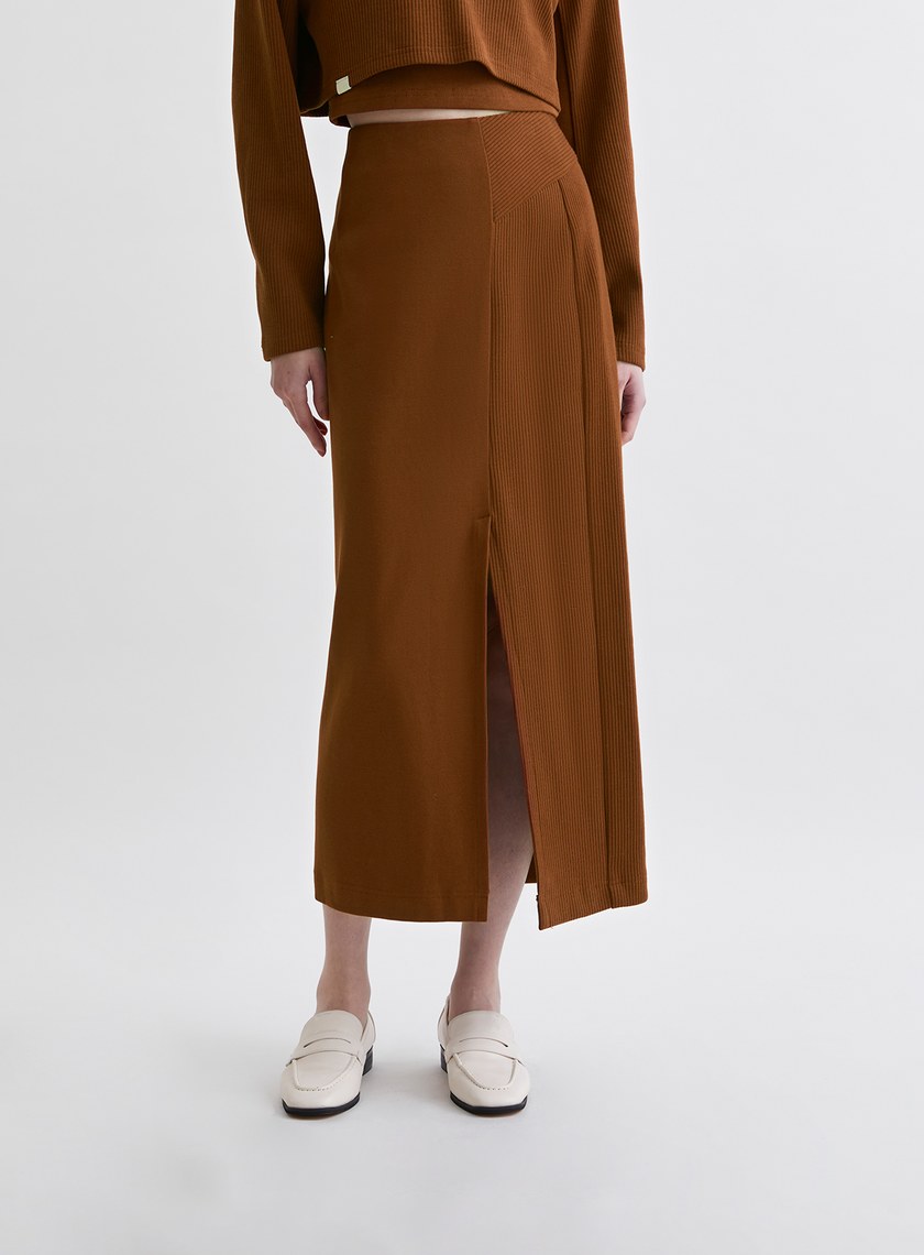 簡約坑條開衩直筒長裙