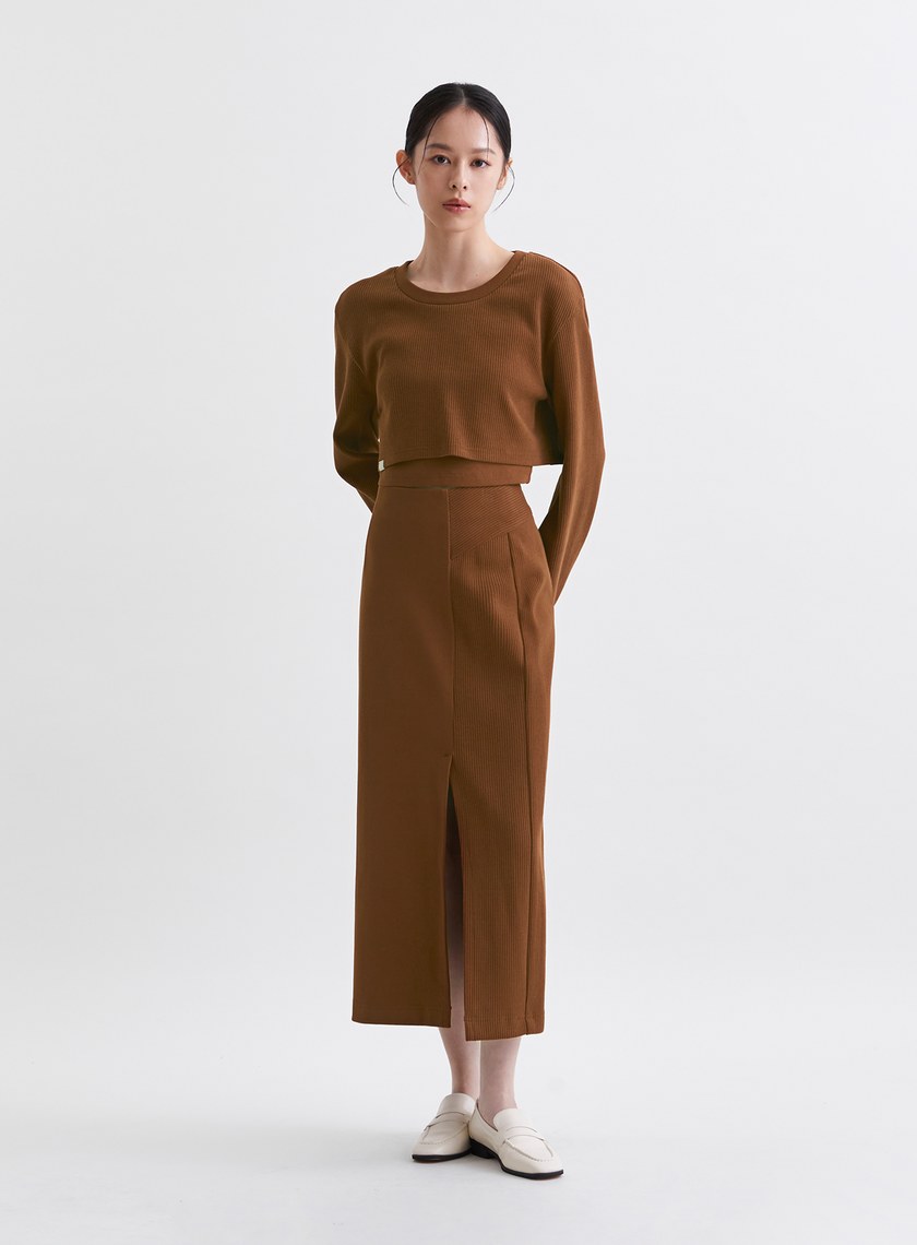 簡約坑條開衩直筒長裙