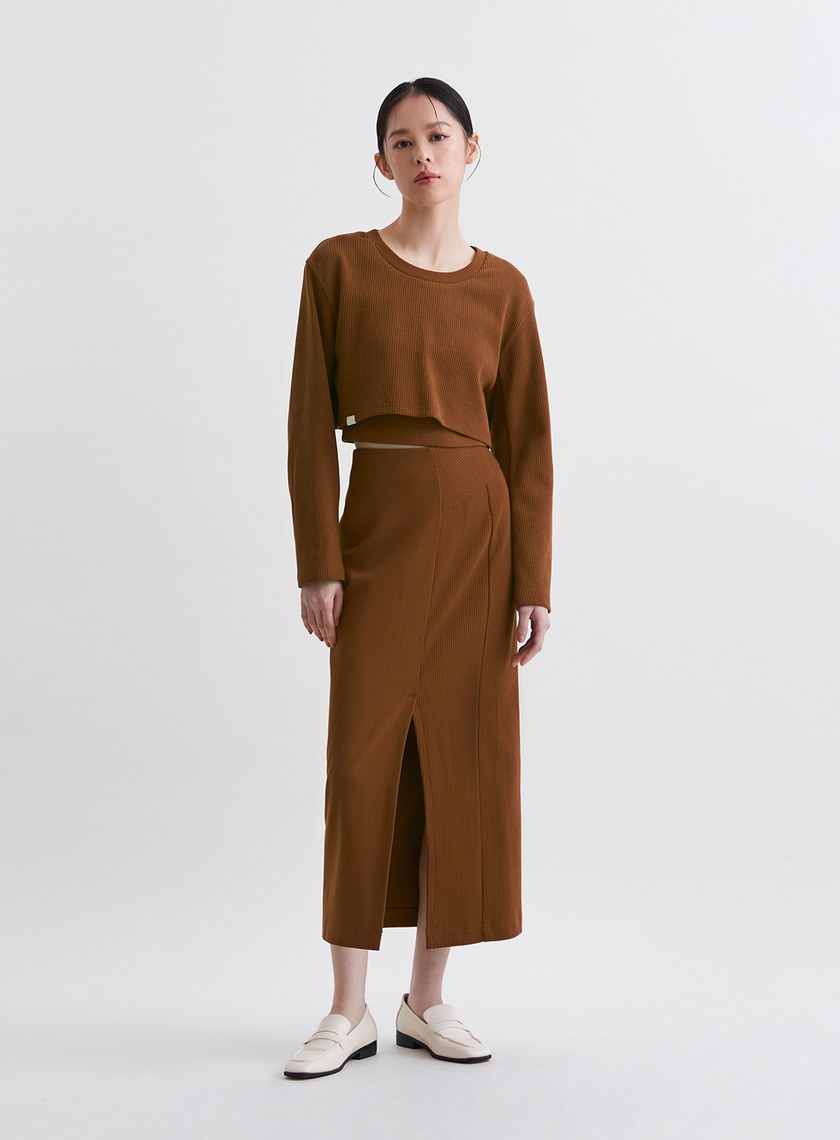 簡約坑條開衩直筒長裙