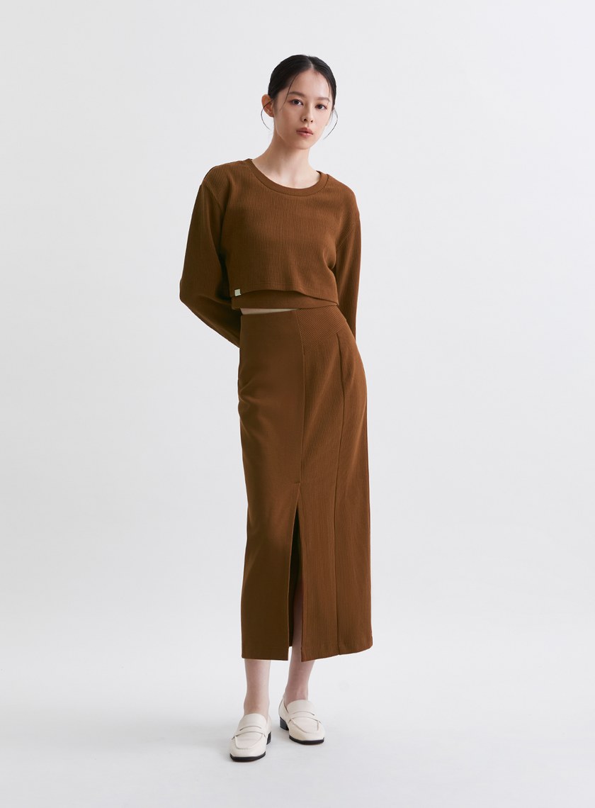 簡約坑條開衩直筒長裙