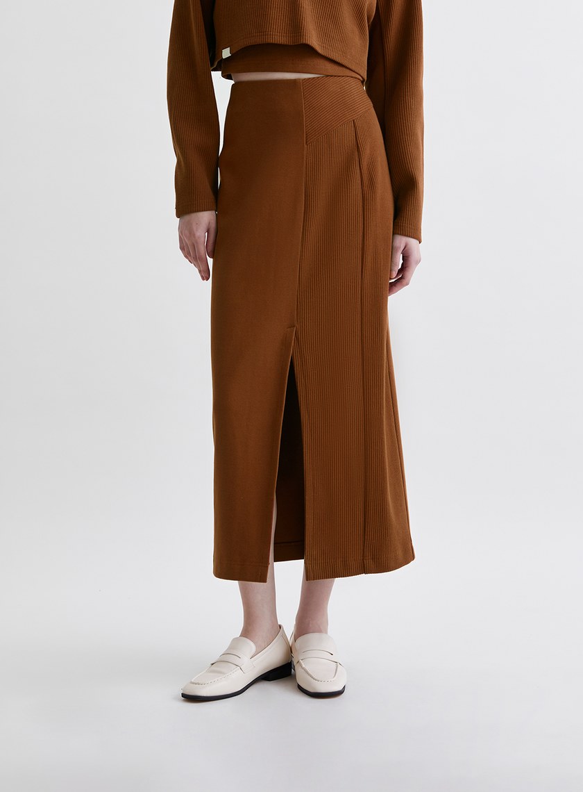 簡約坑條開衩直筒長裙