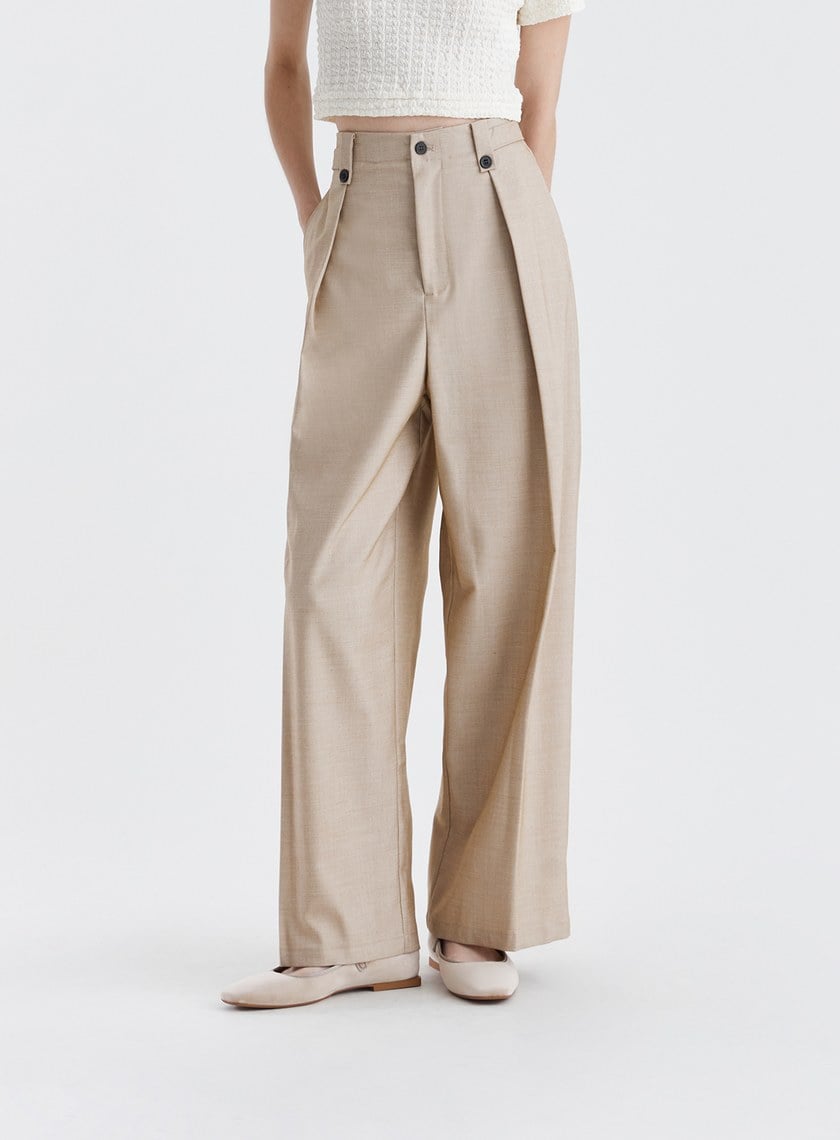 雙扣環壓褶高腰西裝褲