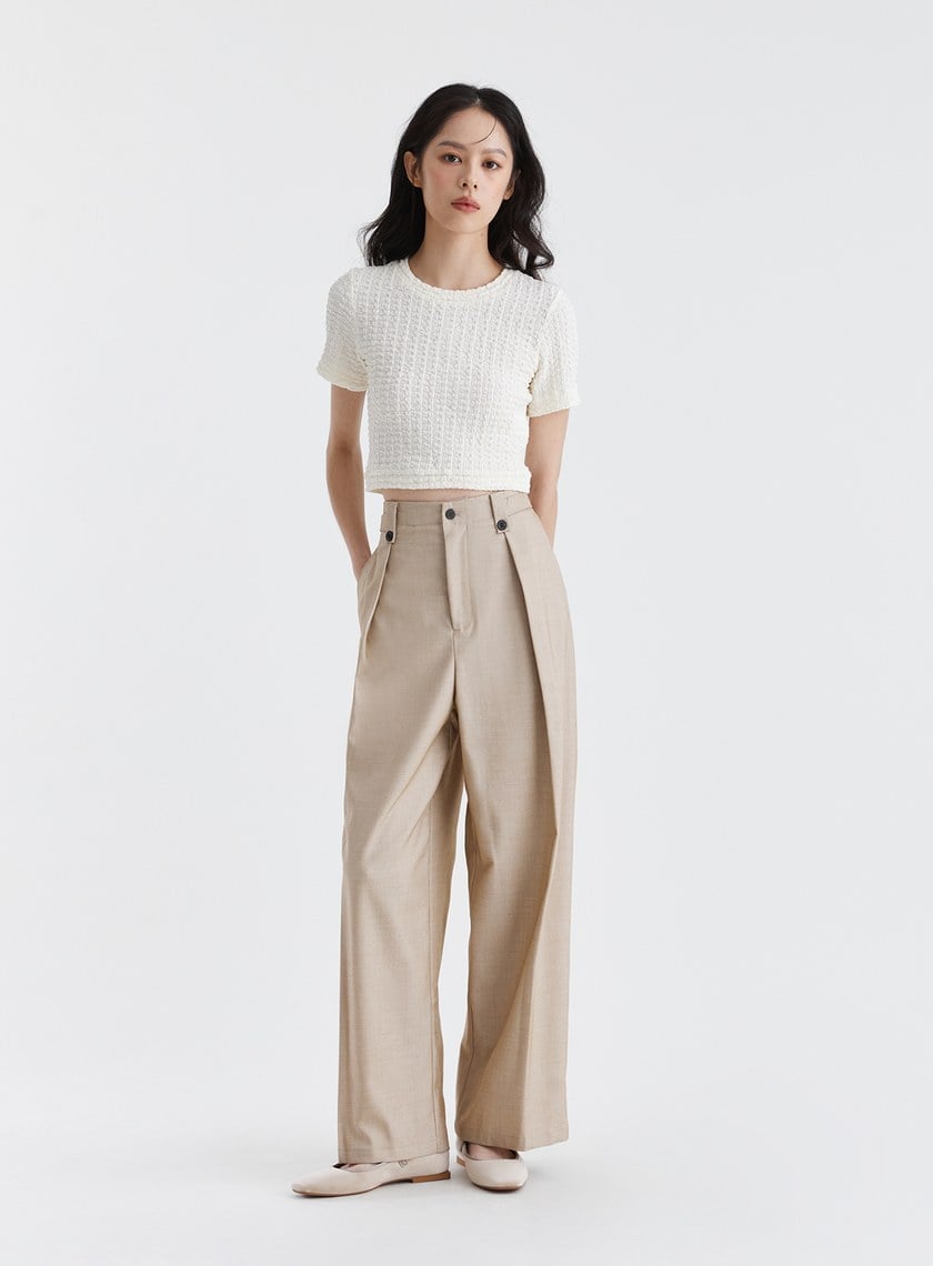 雙扣環壓褶高腰西裝褲