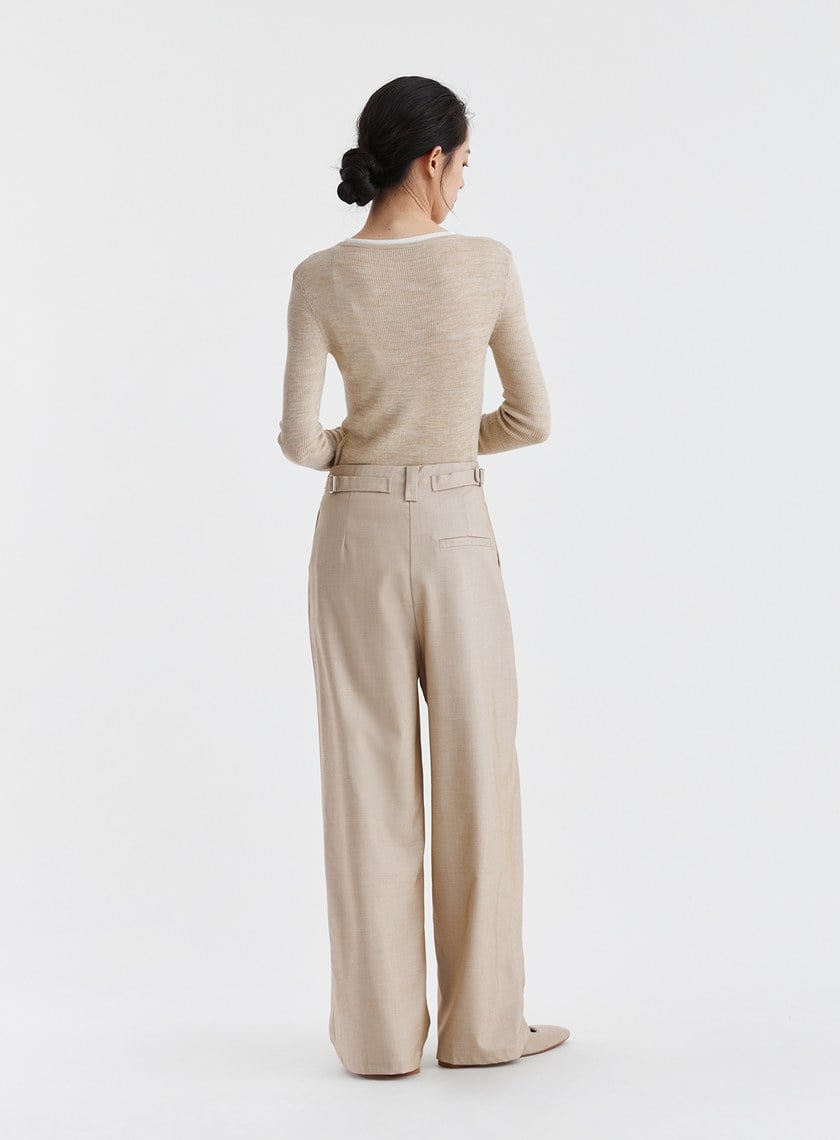 雙扣環壓褶高腰西裝褲