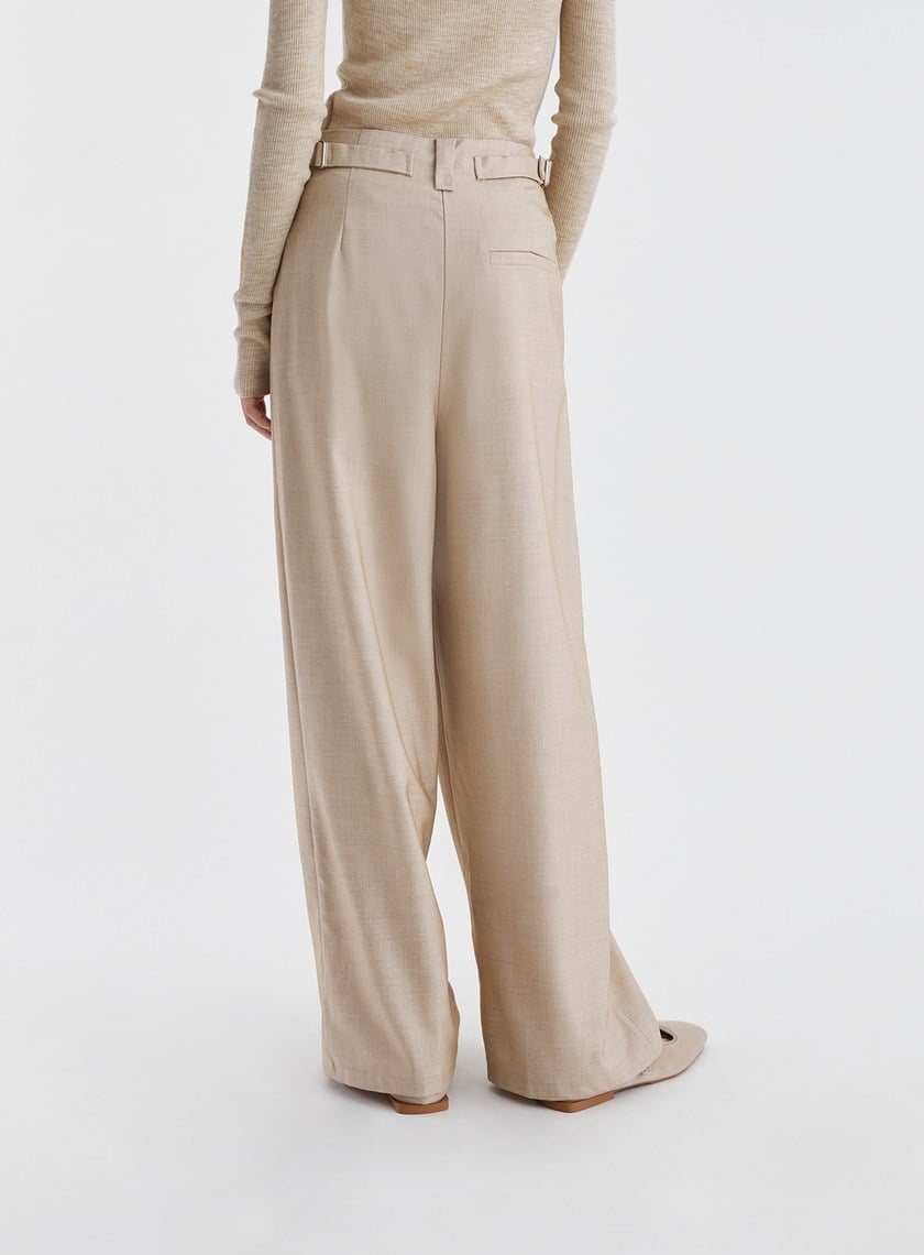 雙扣環壓褶高腰西裝褲