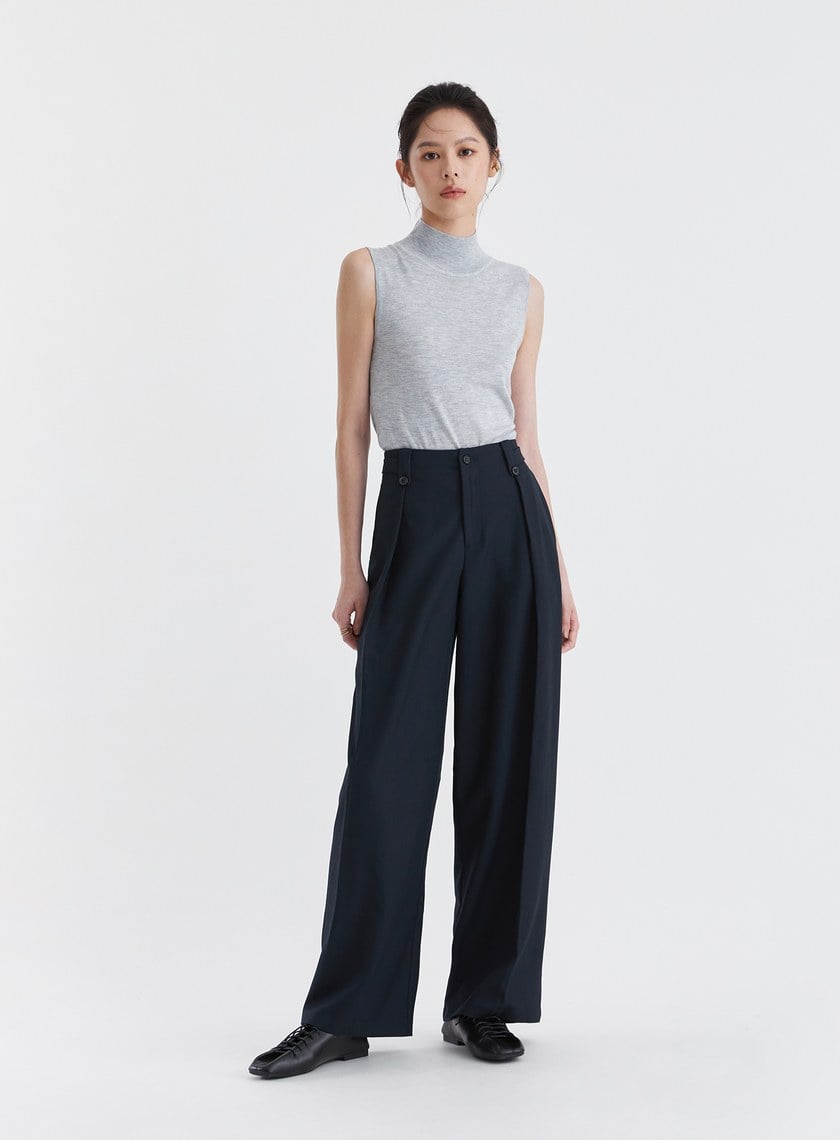 雙扣環壓褶高腰西裝褲