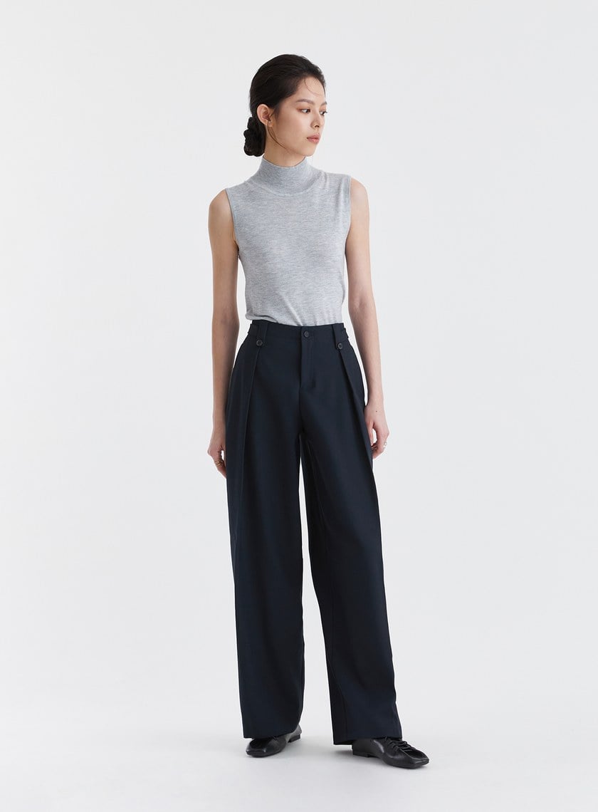 雙扣環壓褶高腰西裝褲