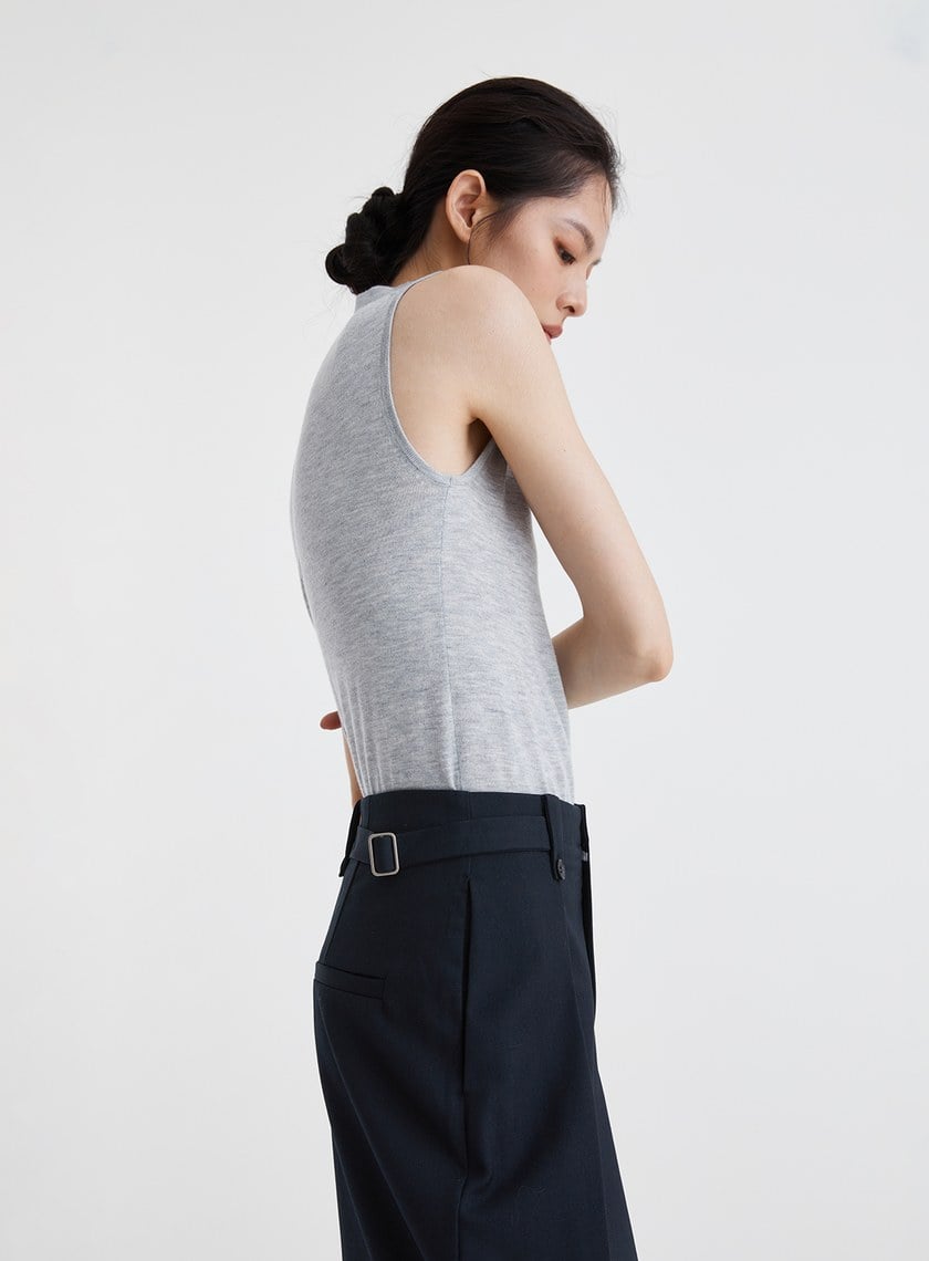 雙扣環壓褶高腰西裝褲