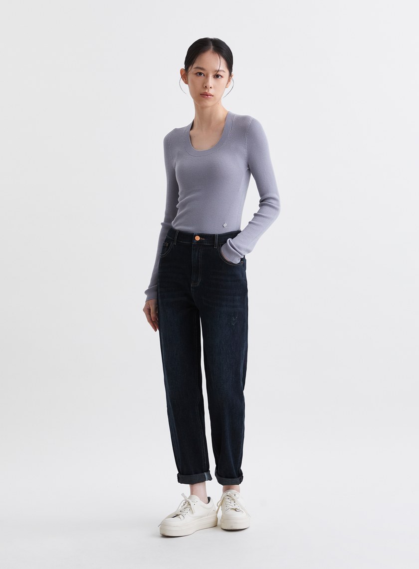 厚挺反摺錐形深藍牛仔褲