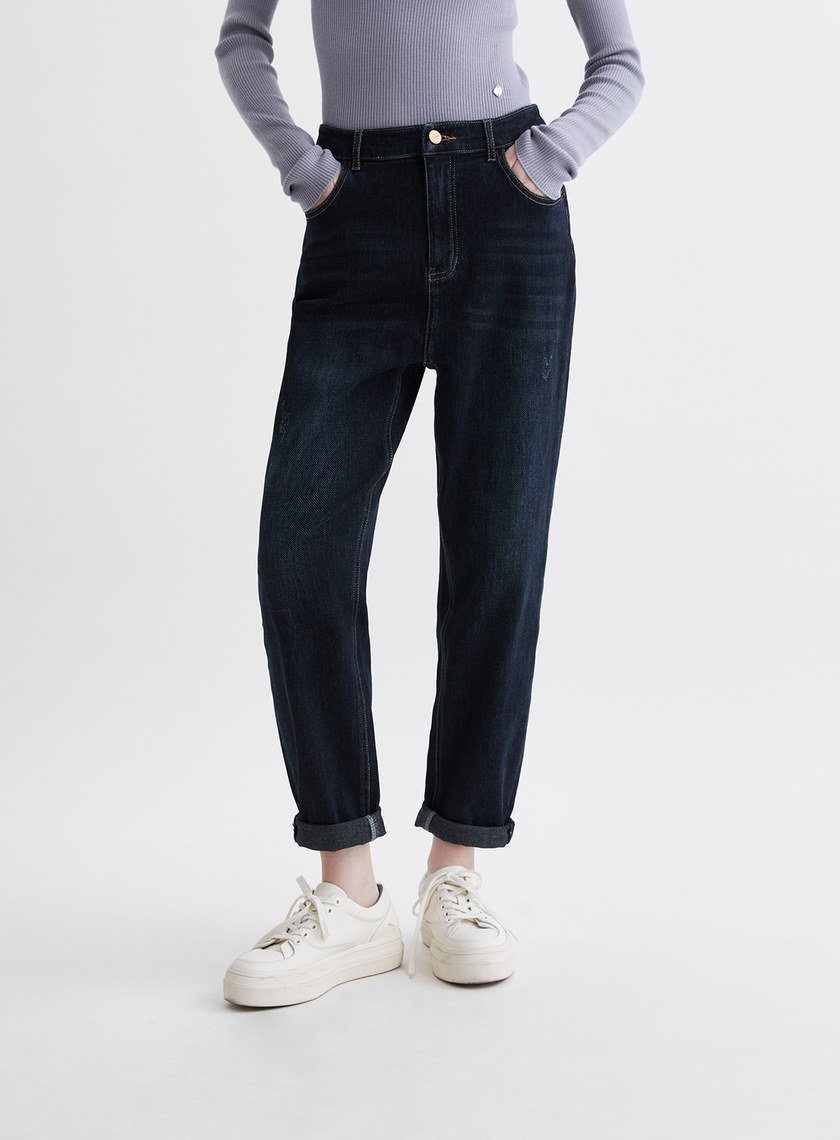 厚挺反摺錐形深藍牛仔褲