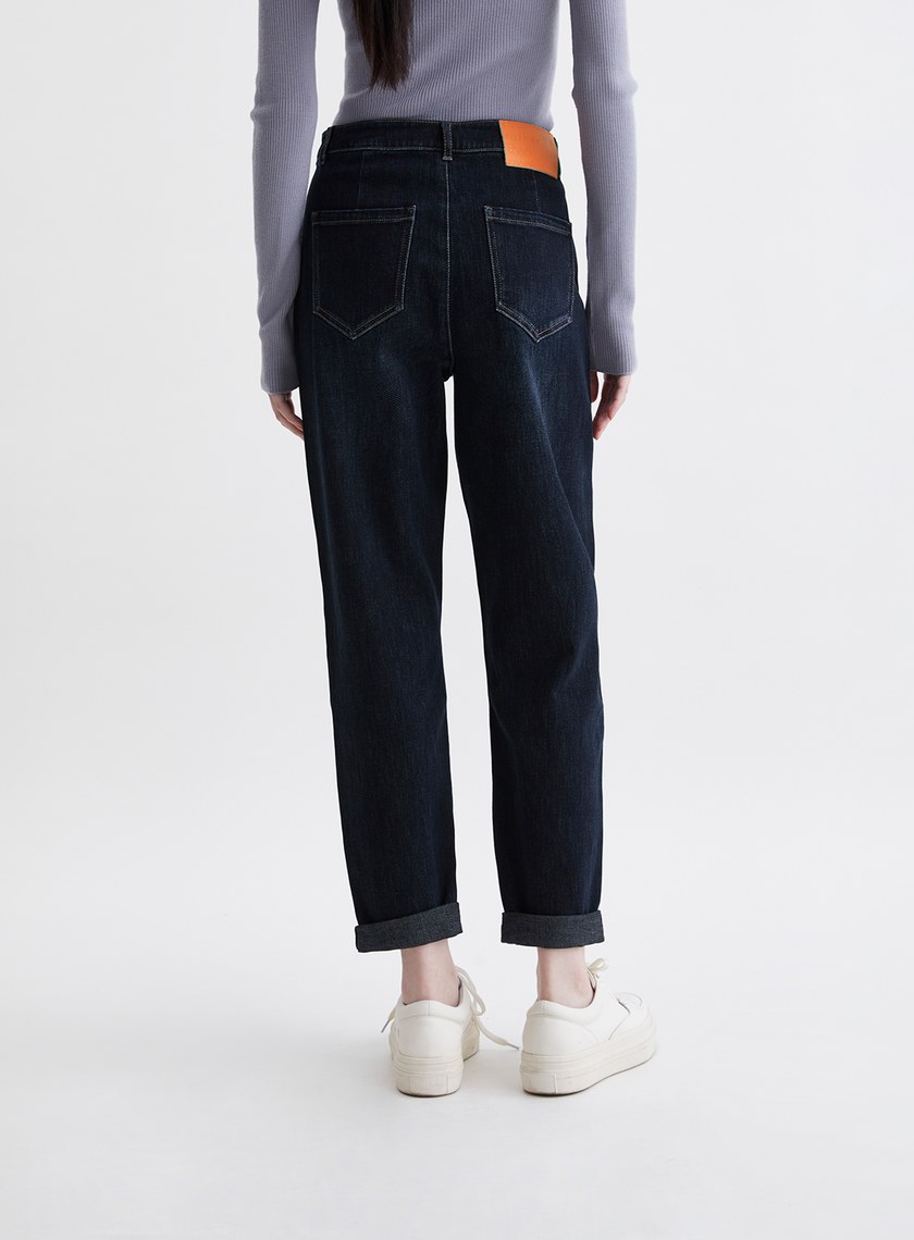 厚挺反摺錐形深藍牛仔褲