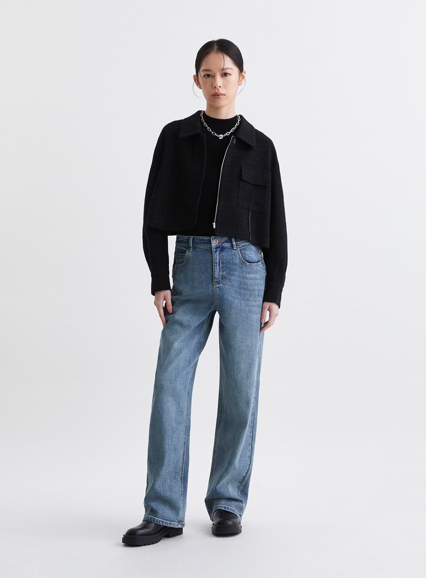 時髦百搭水洗直筒牛仔褲-深藍