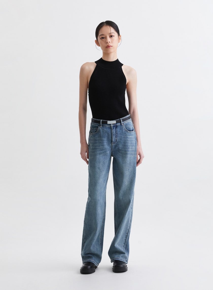 時髦百搭水洗直筒牛仔褲-深藍