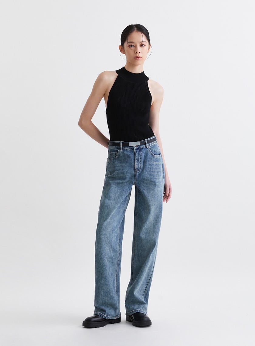 時髦百搭水洗直筒牛仔褲-深藍