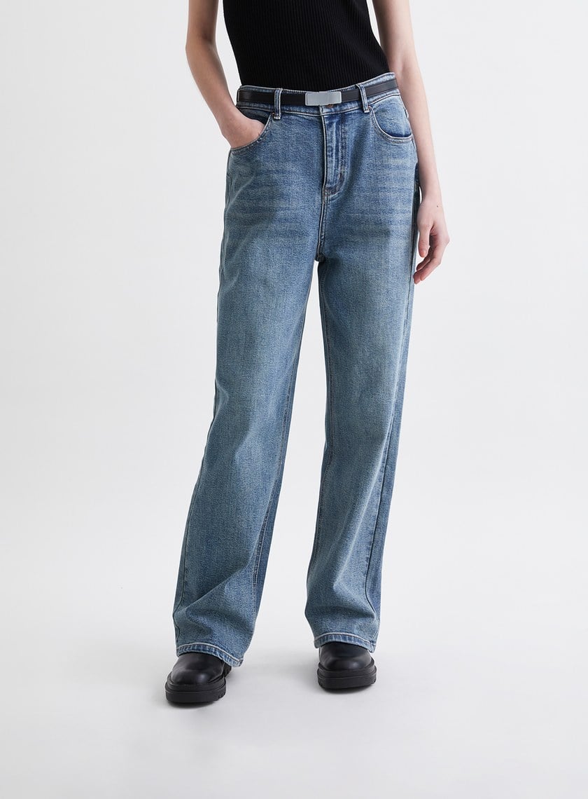 時髦百搭水洗直筒牛仔褲-深藍