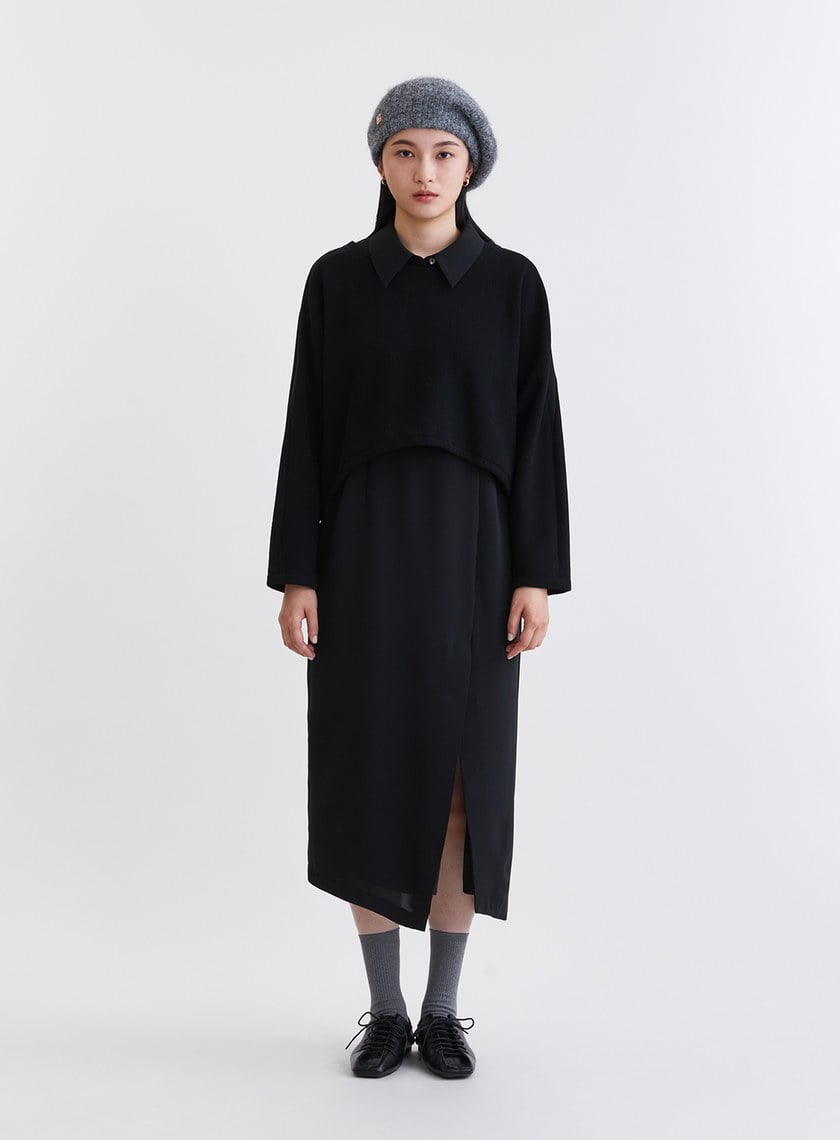 造型感異材質兩件式開衩洋裝