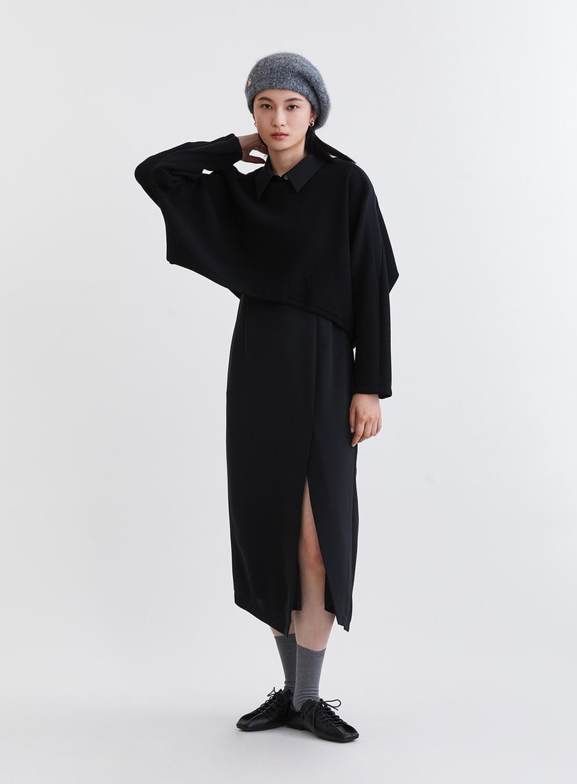 造型感異材質兩件式開衩洋裝