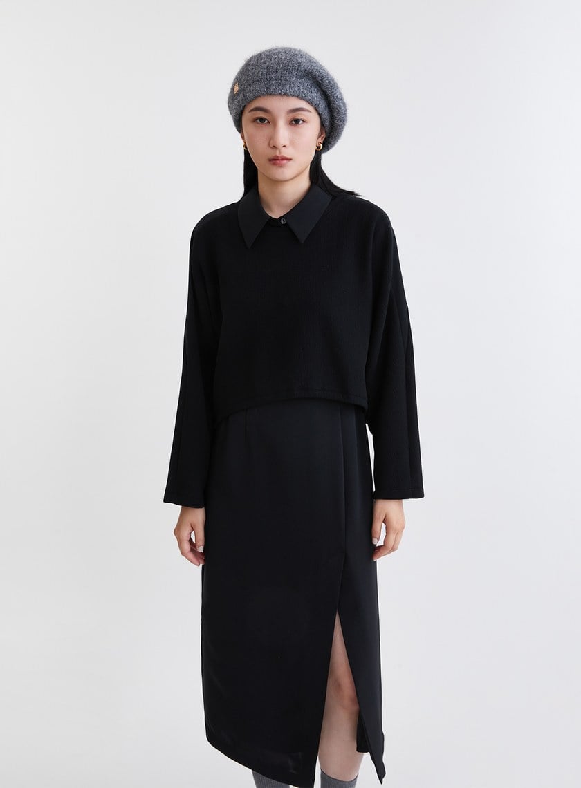 造型感異材質兩件式開衩洋裝