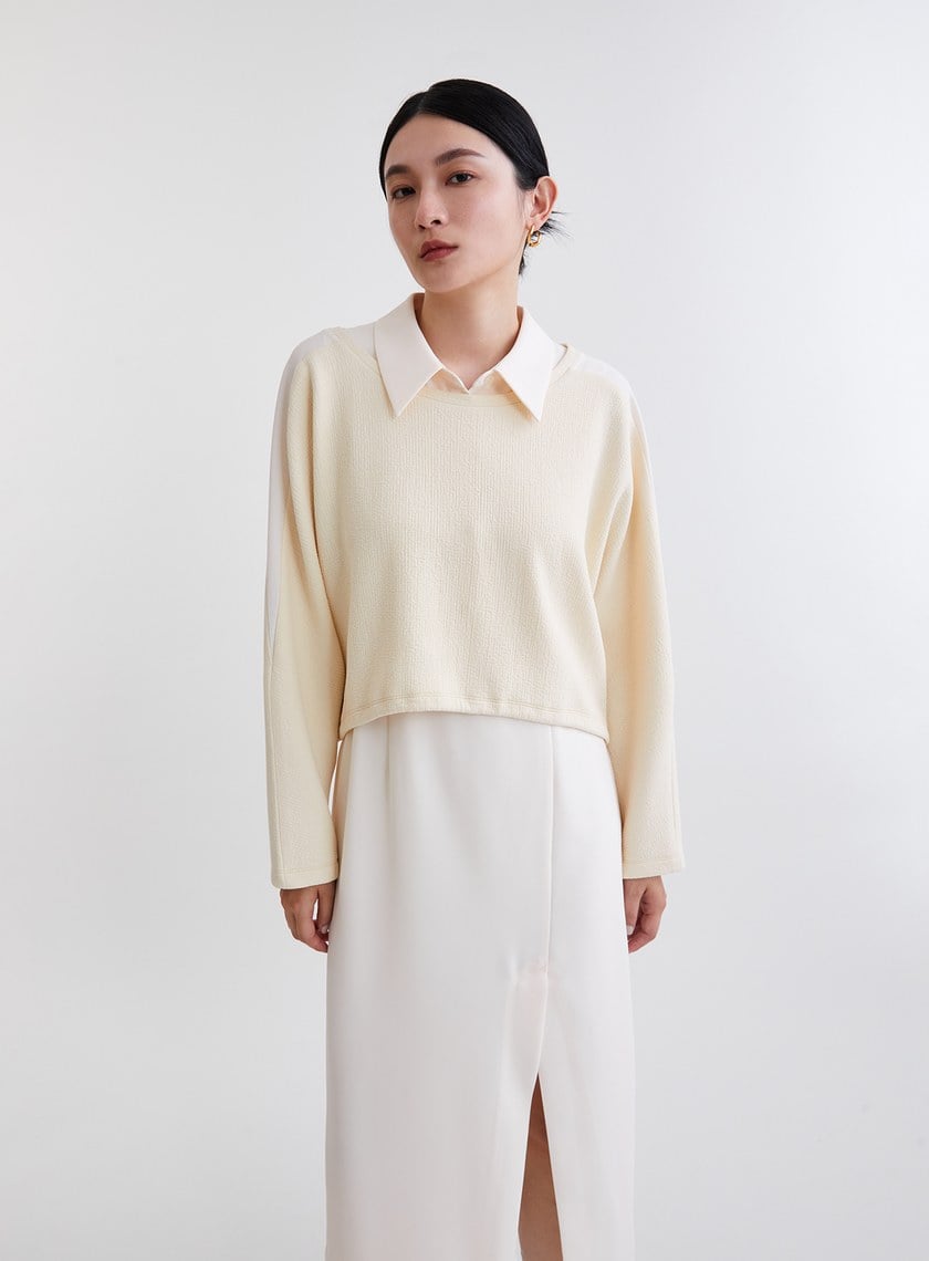 造型感異材質兩件式開衩洋裝