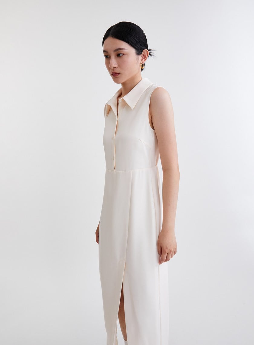 造型感異材質兩件式開衩洋裝