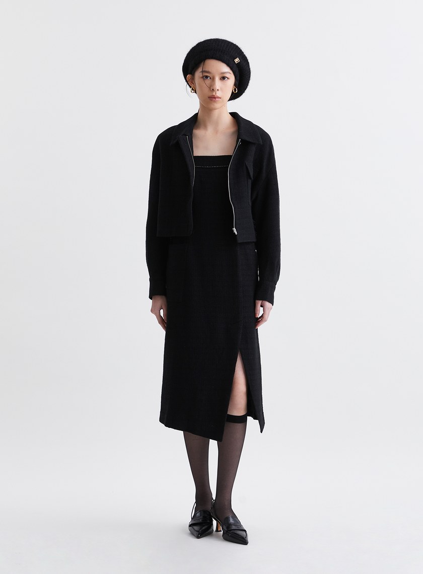 法式優雅寬肩帶開衩洋裝