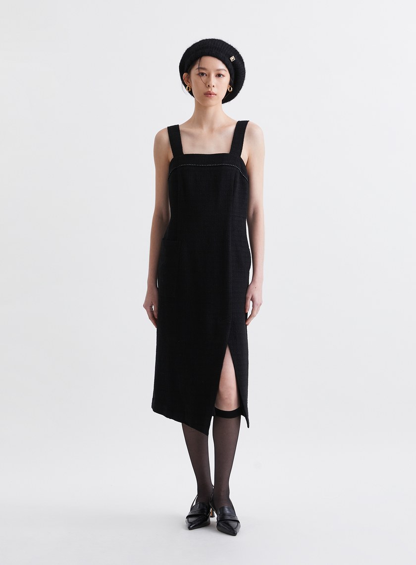 法式優雅寬肩帶開衩洋裝