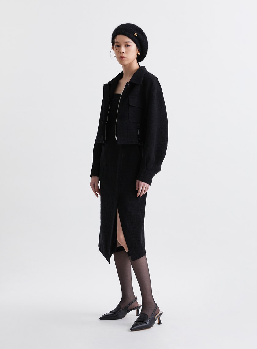 法式優雅寬肩帶開衩洋裝