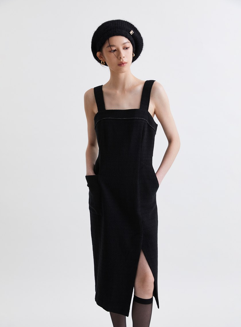 法式優雅寬肩帶開衩洋裝