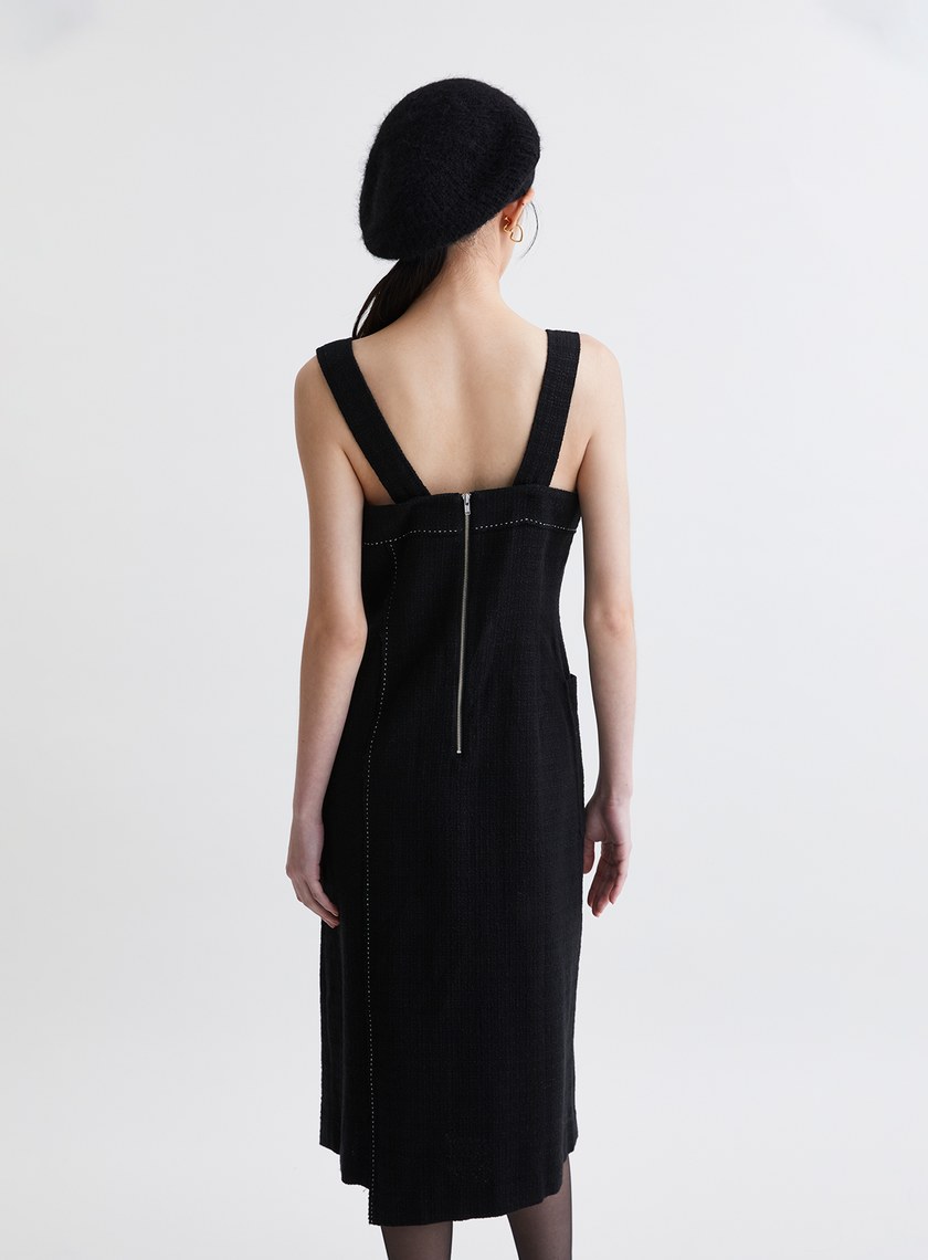 法式優雅寬肩帶開衩洋裝