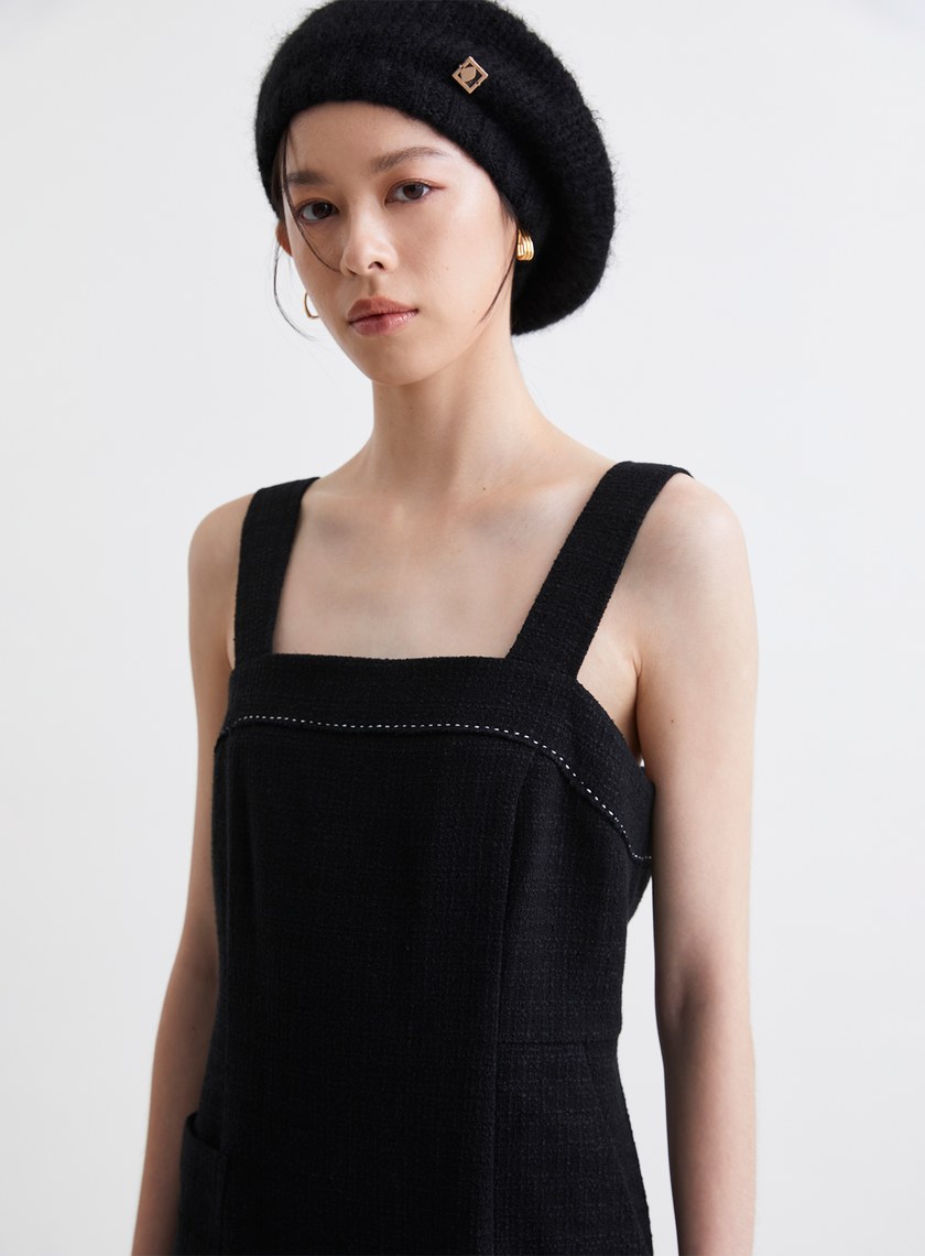 法式優雅寬肩帶開衩洋裝