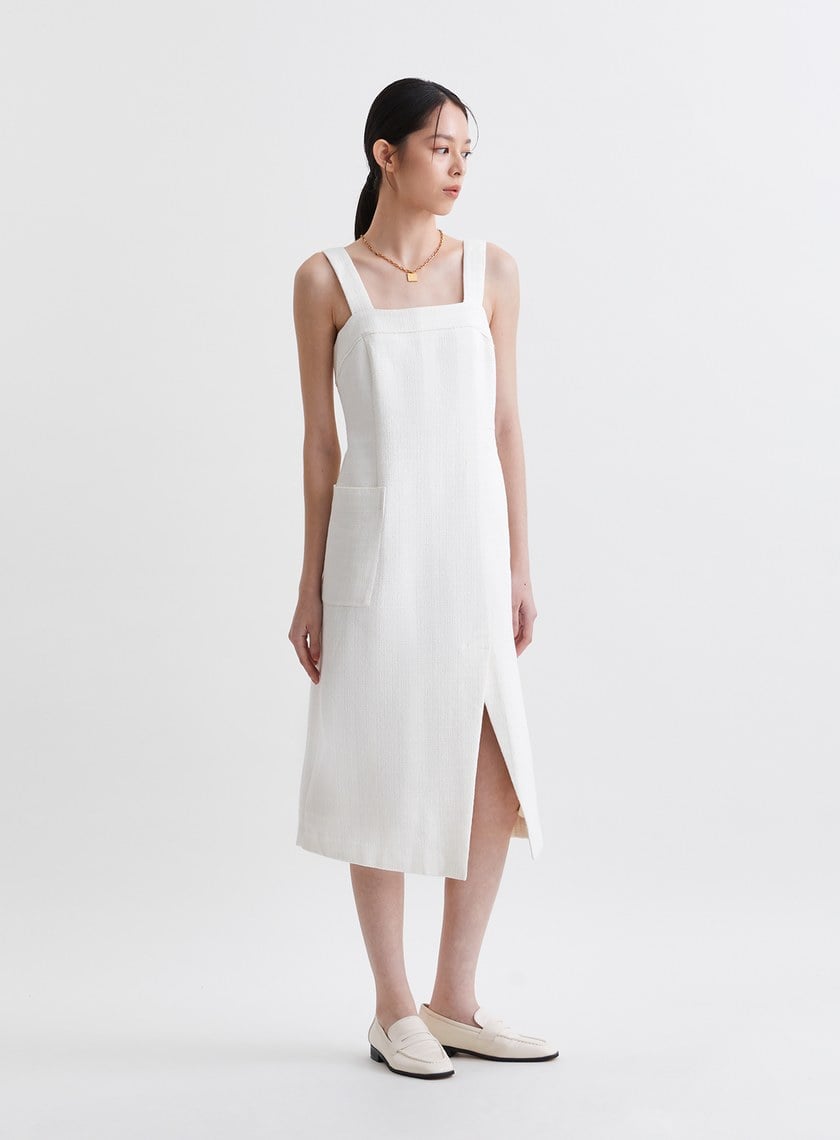 法式優雅寬肩帶開衩洋裝