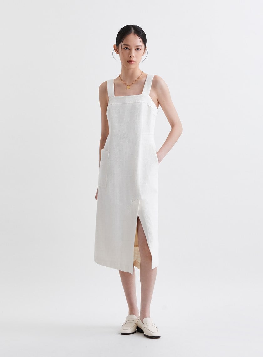 法式優雅寬肩帶開衩洋裝