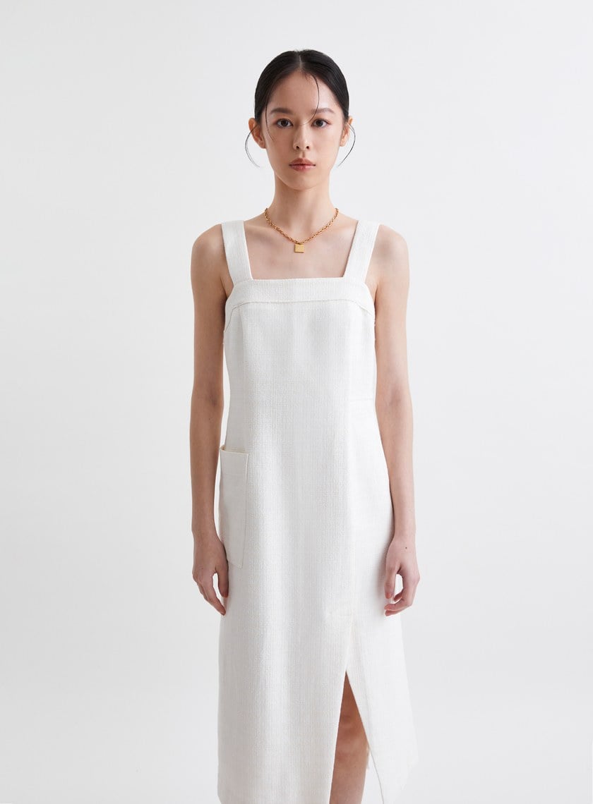 法式優雅寬肩帶開衩洋裝