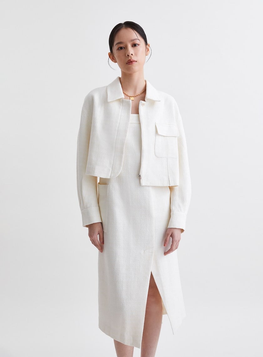 法式優雅寬肩帶開衩洋裝